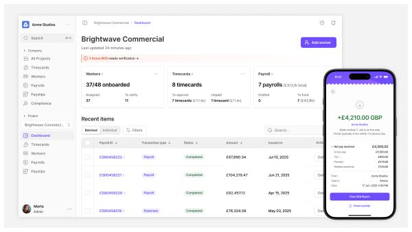 Digital Production Payroll dashboard and mobile companion